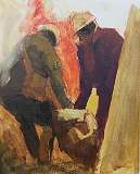 20. _Pulling the body of a shot Hero away. Colour sketch_ 2023, 50x40 cm, oil on canvas